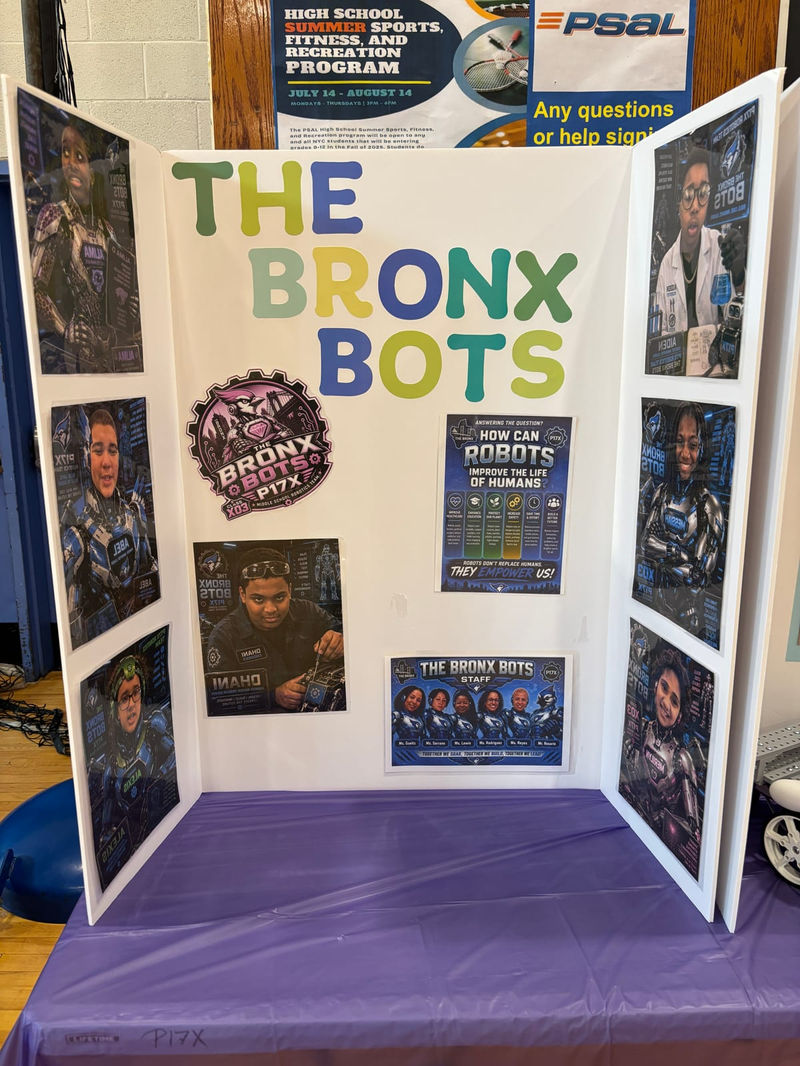 The Bronx Bots tri-fold board asking how robots can improve the lives of humans.