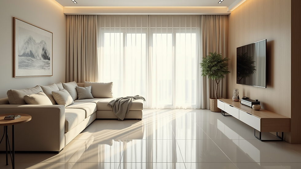 High angle view of a freshly cleaned living room with polished floors and dust-free surfaces