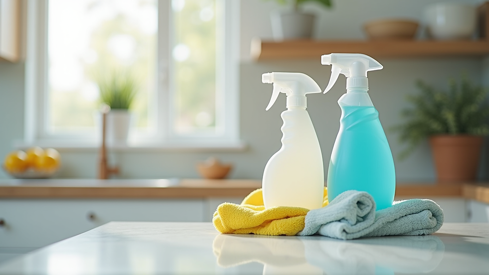 Close-up view of cleaning supplies arranged neatly on a countertop