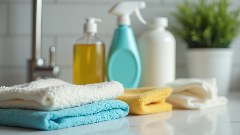 Close-up view of cleaning supplies arranged neatly on a countertop