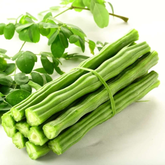 Bundle of fresh green drumsticks with moringa leaves