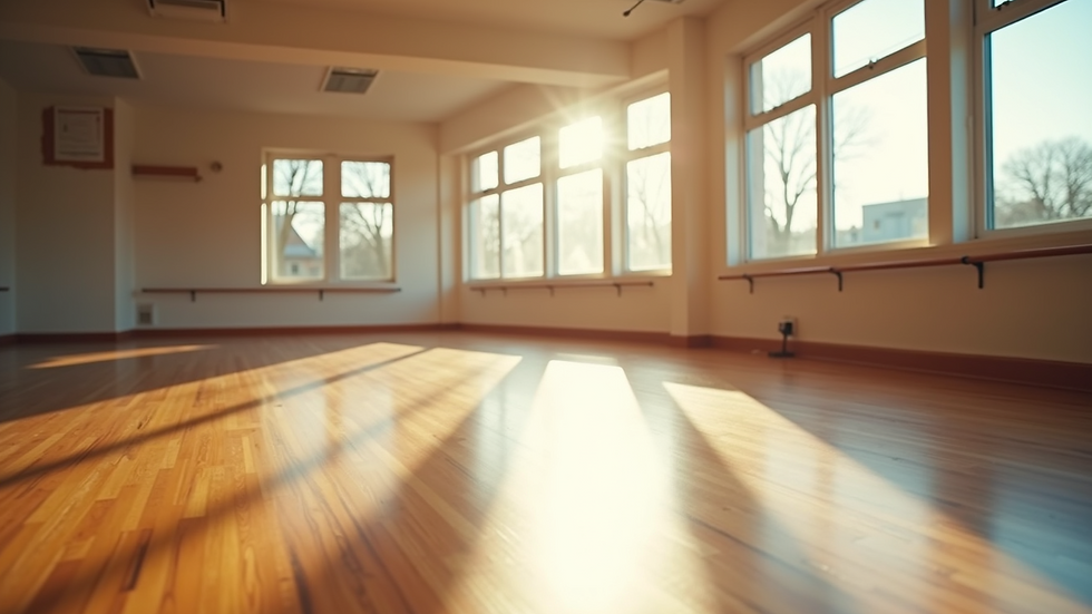 Eye-level view of a bright and welcoming private lesson space with a dance floor