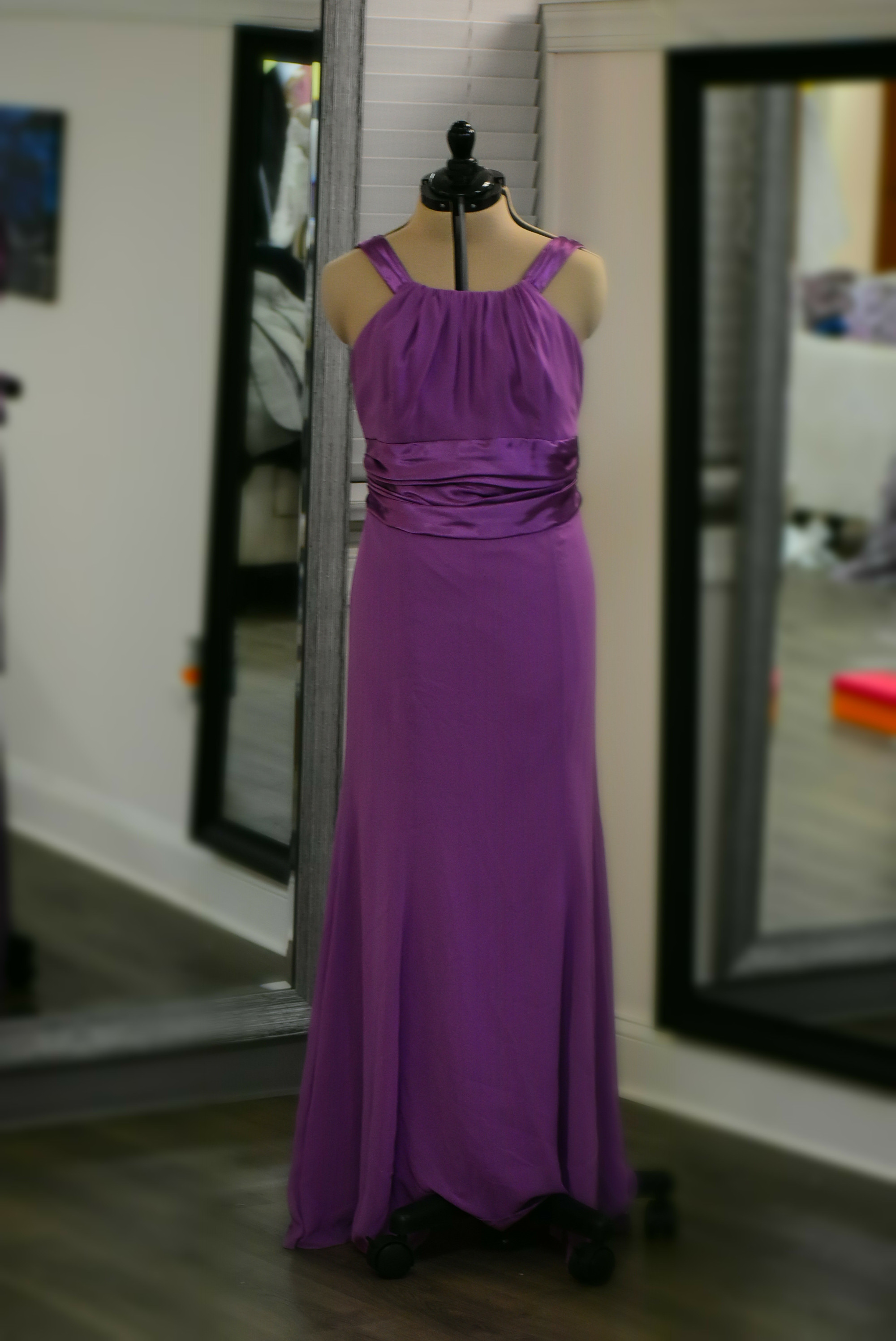 David's Bridal purple dress with waist tie