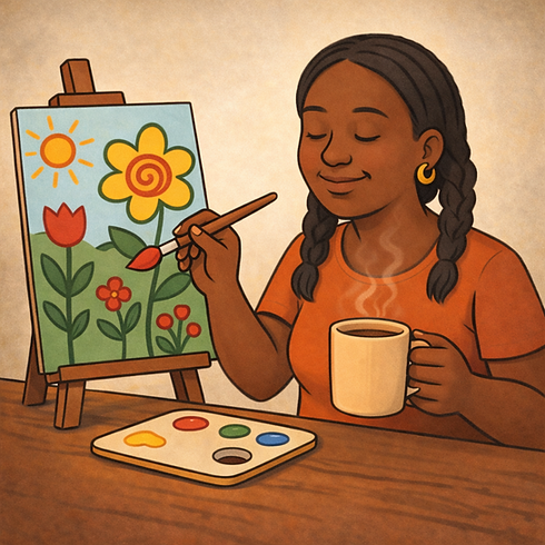 A young Eastern Indian woman is painting flowers on a sunny day at a wooden table. Her picture is on a wooden easel, she is painting with her right hand and holding a steaming cup of coffee in her left hand. Her eyes are closed, her hair is braided in pig-tails to her upper chest, and she is wearing gold looped earrings.