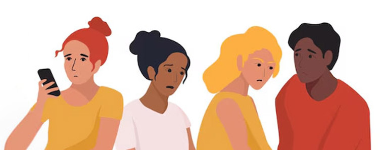 Four diverse people looking sad and worried. On the left a red-headed white woman in a yellow short-sleeved T-shirt with her hair in a bun, holding a smart phone. Next to her is an Asian woman in a white V-neck T-shirt with her black hair in a bun and locks of hair framing her face. Next to her is a blonde white woman with long brilliant blonde hair in a yellow dress. Next to her is a dark-skinned man in a long-sleeved orange shirt with dark short hair.