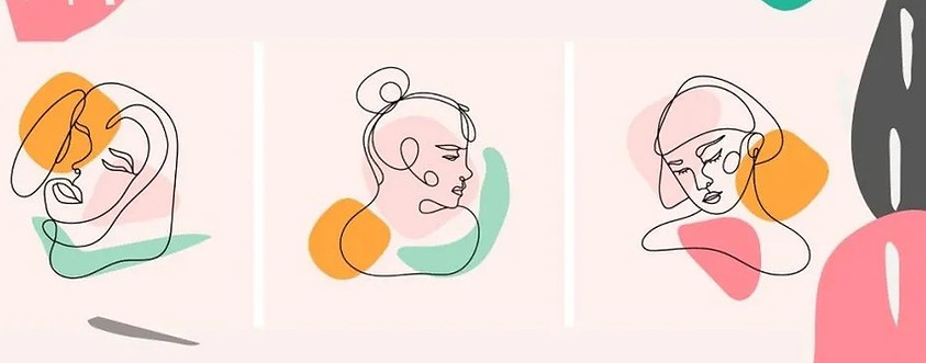 Three abstract line art female faces on a colorful, abstract background. The background colors are a deep orange, a deep pink, light pink, and seafoam green.
