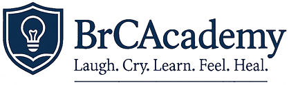 BrCAcademy logo. Tagline:   Laugh. Cry. Learn. Feel. Heal wi a blue shield with a lightbulb over an open book to the left of the name and tagline.