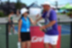 Sports journalist, Deborah Lew, interviews pro pickleball player, Erik Lange, at an APP Tour stop in Fort Lauderdale, Florida
