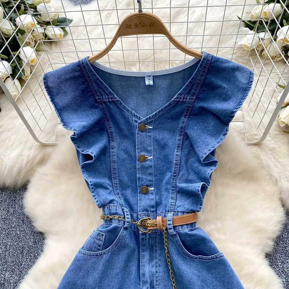 Miniature : Iwamon Fashion | Robe Tunique Vintage en Denim | Patchwork, Col V, Style Empire