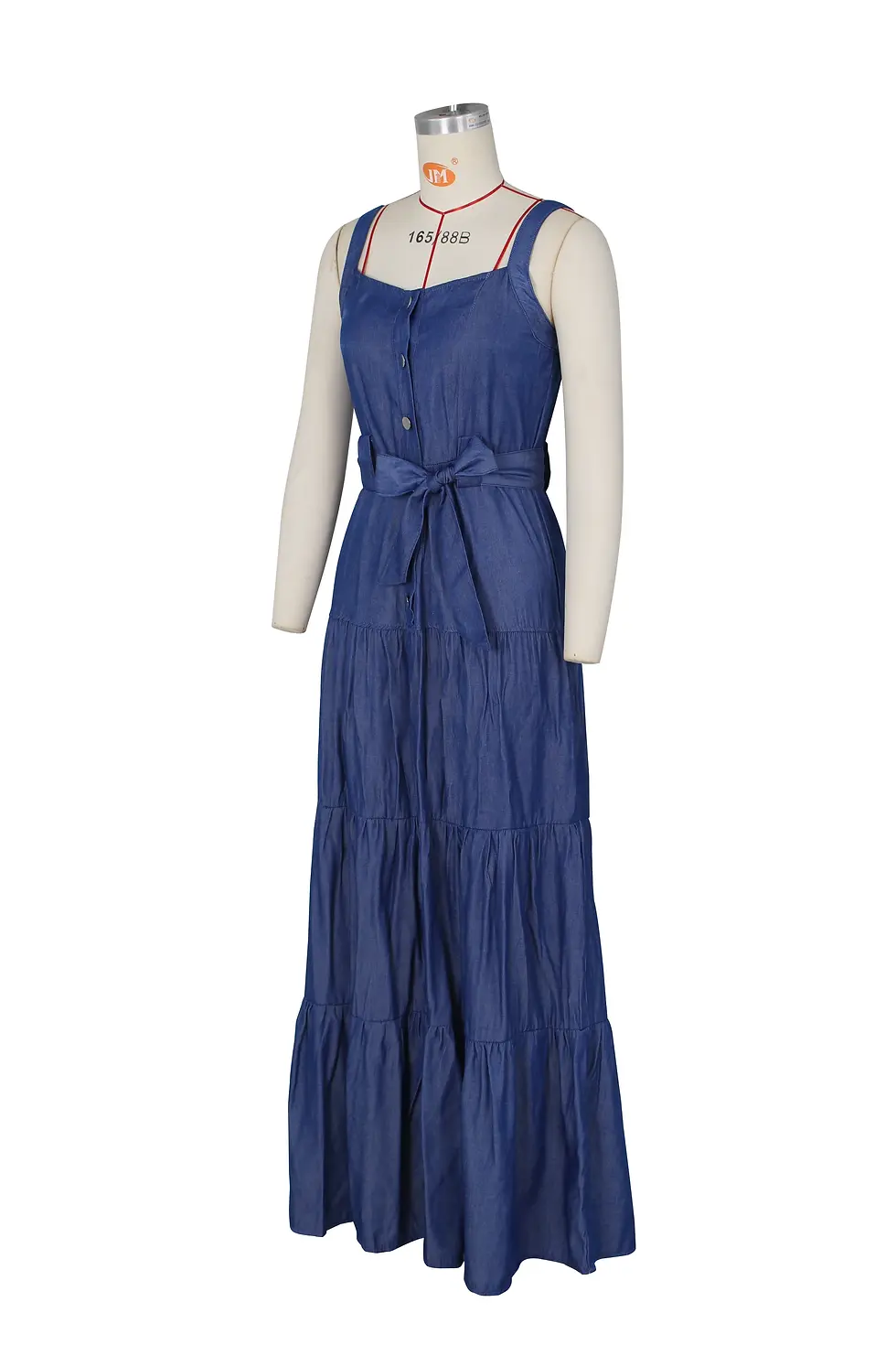 Miniature : Robe Longue en Jean Été | Coupe Évasée avec Ceinture & Volants Rétro