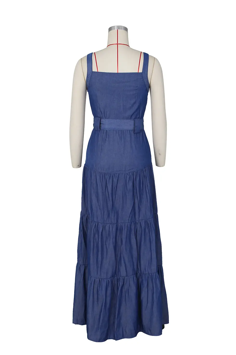 Miniature : Robe Longue en Jean Été | Coupe Évasée avec Ceinture & Volants Rétro