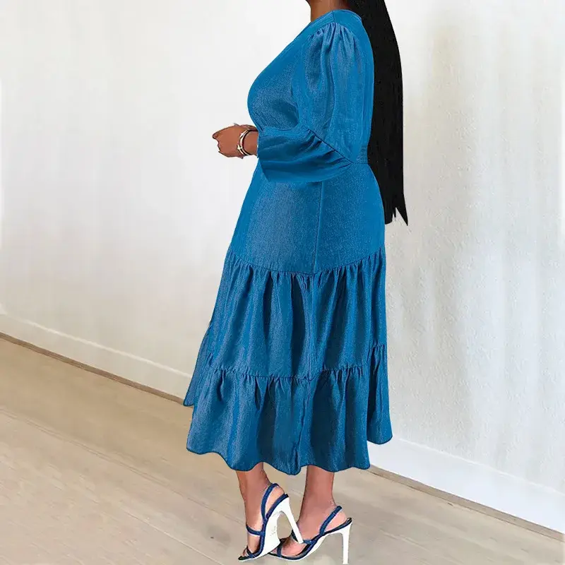 Miniature : Robe Denim plissée Col Rond et Manches Mi-Longues avec Ceinture Y21837