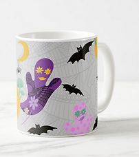 A mug with a modern whimsical pastel Halloween design with ghosts, flowers, bats, and spiderwebs on a gray background.