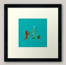 A Christmas long haired dachshund decorating a Christmas tree on framed wall art.