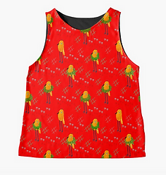 Whimsical orange birds with Christmas wreathes on a red background on a tank top.