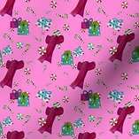 Spoonflower Christmas fabric with red scarves, gifts, peppermints, and candy canes on pink.