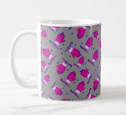 Retro purple-pink mittens on a gray background on a coffee mug.