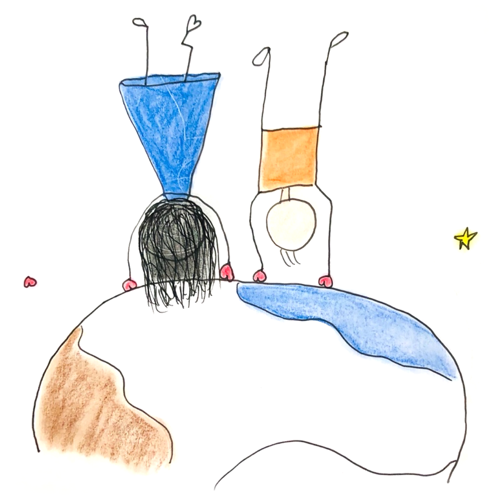 Sonja Barbara Schwarz - Heilpraktikerin auf dem Gebiet der Psychotherapie in Memmingen selbstgemaltes Bild, zwei Personen stehen Kopf auf einer Weltkugel