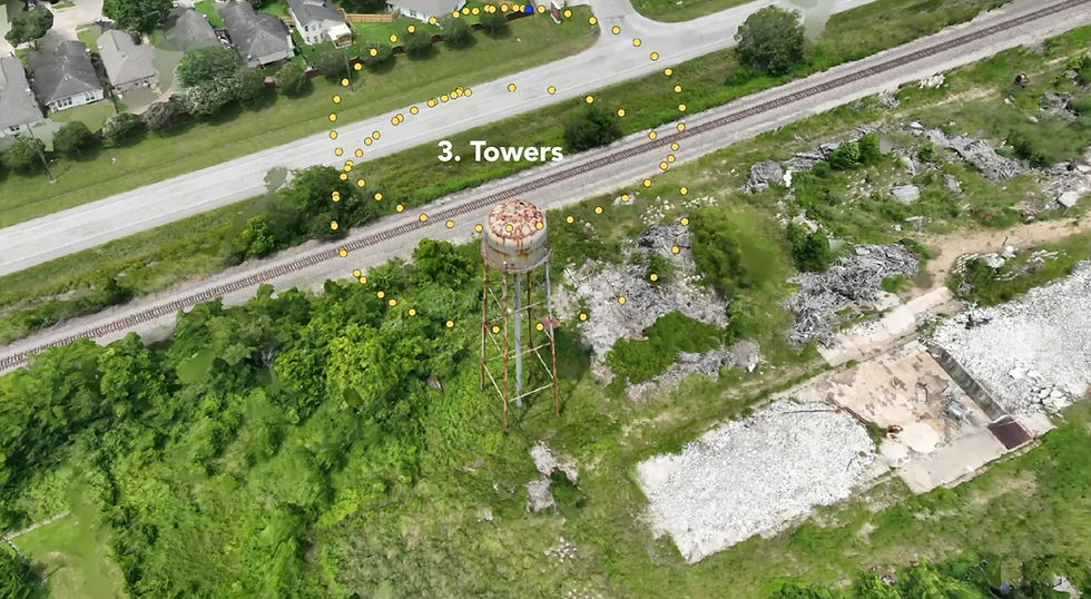 A 3D model of a water tower with data capture points highlighted