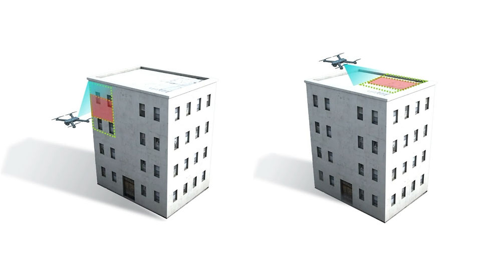 A digital mockup of a drone scanning the facade and roof of a skyscraper