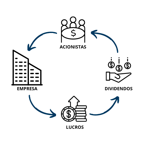 Os acionistas investem na empresa e quando a empresa possuí lucro ela distribui aos acionistas em orma de dividendos