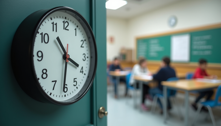 Eye-level view of a school clock showing 8:00 AM outside a classroom