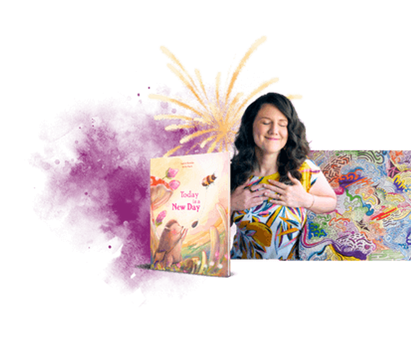 A satisfied Justine smiles with eyes closed and hands on her heart with a copy of her book "Today Is A New Day" and handpainted fireworks behind her