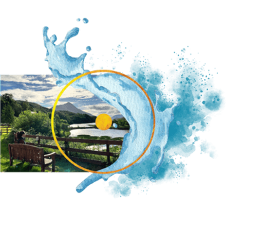 A handpainted splash of water and the Gene Keys contemplation symbol accopmany a photo of Justine sitting on a bench alongside a scenic lake