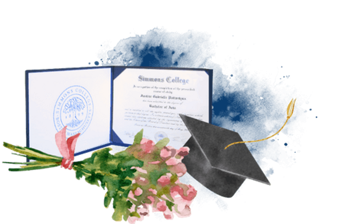 Collage of a college diploma with hand painted flower bouquet and graduation cap set atop a navy paint splash