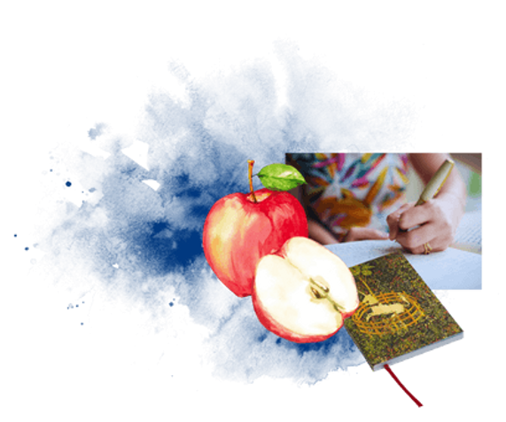 Collage on navy watercolor splotch with apples, a journal and Justine's hand writing