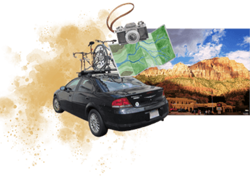 Collage of a black sedan with bikes atop paired with a desert landscape photo and handpainted images of a map and camera