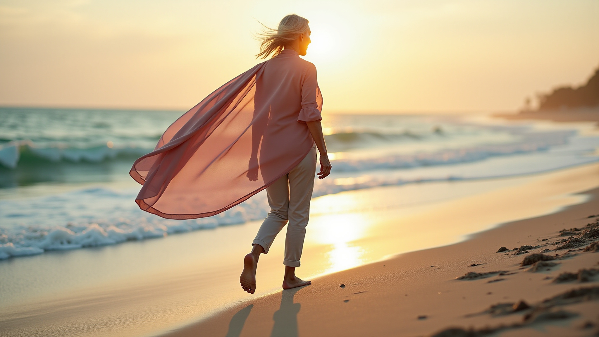 Woman walking barefoot on beach at sunset