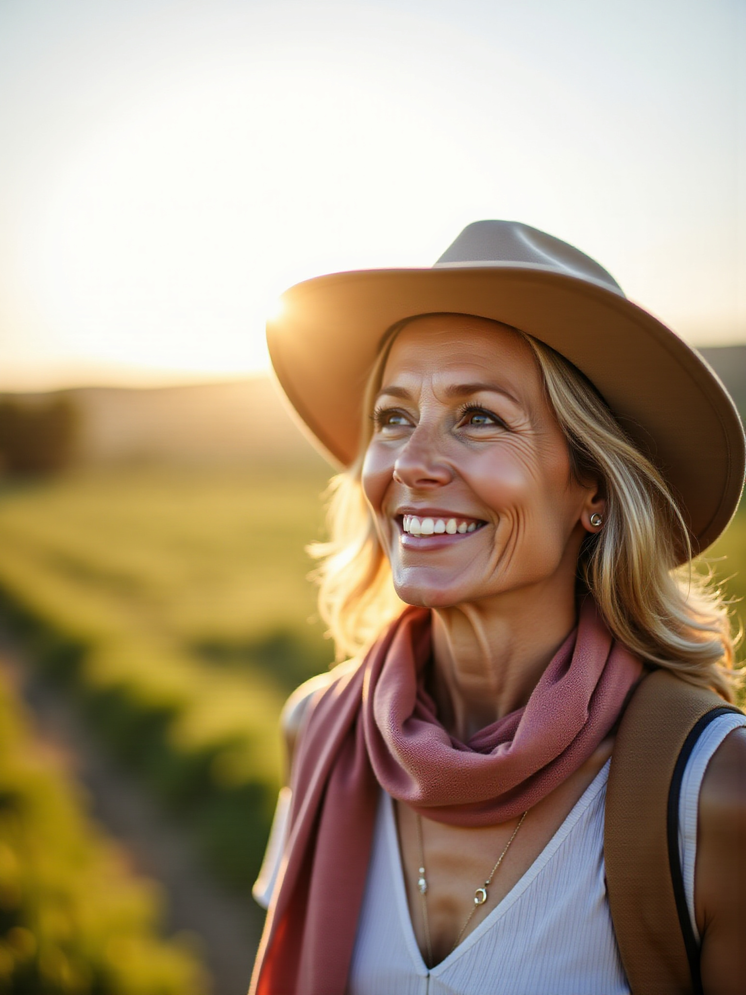 Smiling woman in hat, enjoying nature