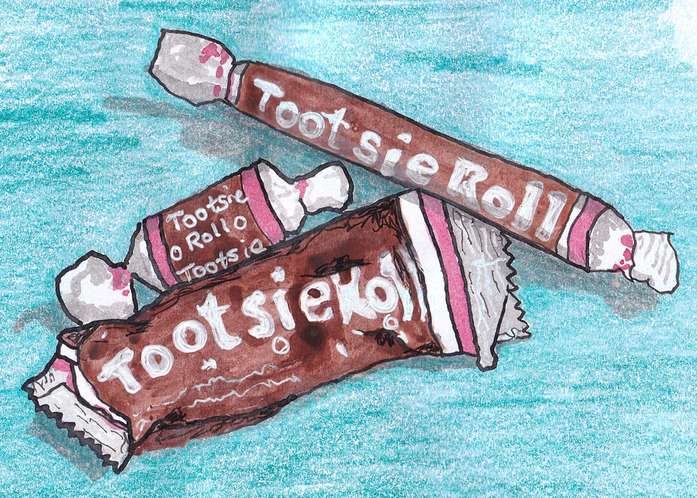 Sketch of three different sized Tootsie Rolls. Halloween Candy.