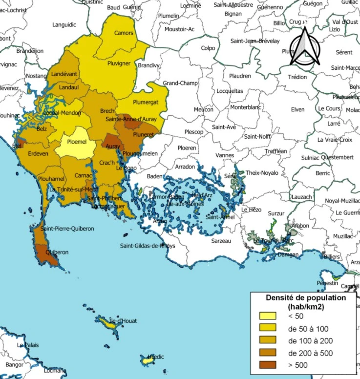 les principales communes de la communauté de Commune d'Auray-Quiberon. Densité de la population par commune.