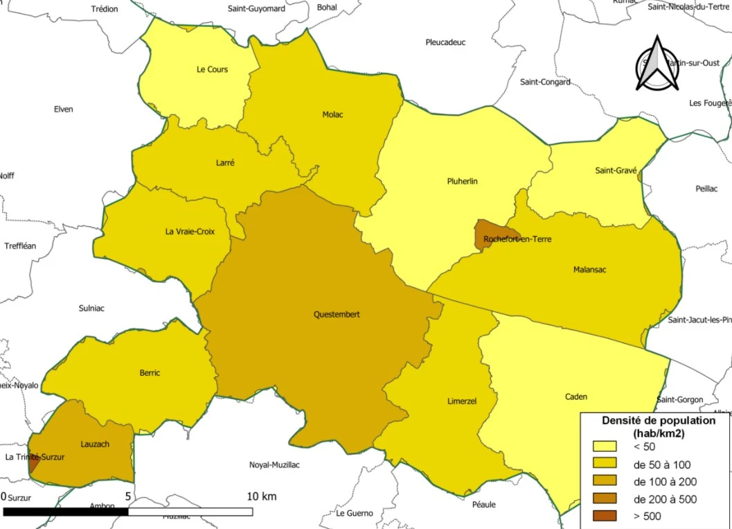 Les prinipales communes de la Communauté de communes de Questembert. Densité de la population.