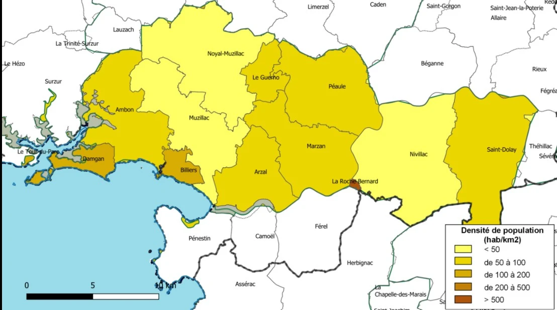 Les prinipales communes de la Communauté de Commune d'Arc-Sud-Bretagne. Densité de la population par commune.