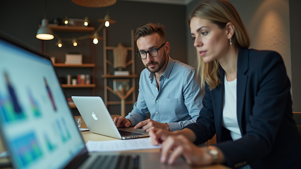 Eye-level view of a fashion marketing team analysing campaign data on a laptop