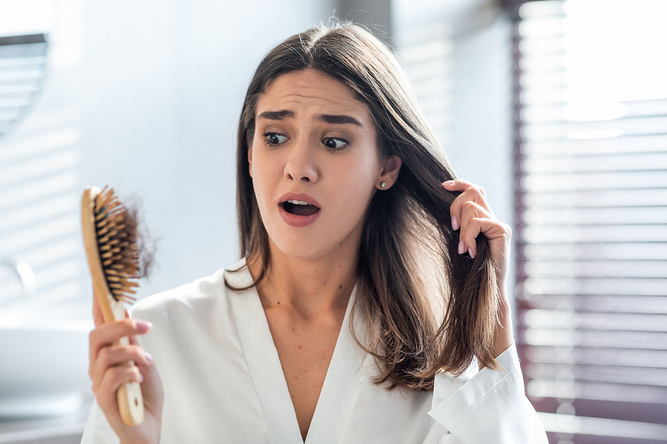 Shocked Female Brushing Hair In Bathroom And Worried About Hairloss, Terrified Upset Young