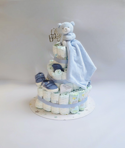 Square Diaper Cake In Basket Flamingo Baby Girl 3-tier Square