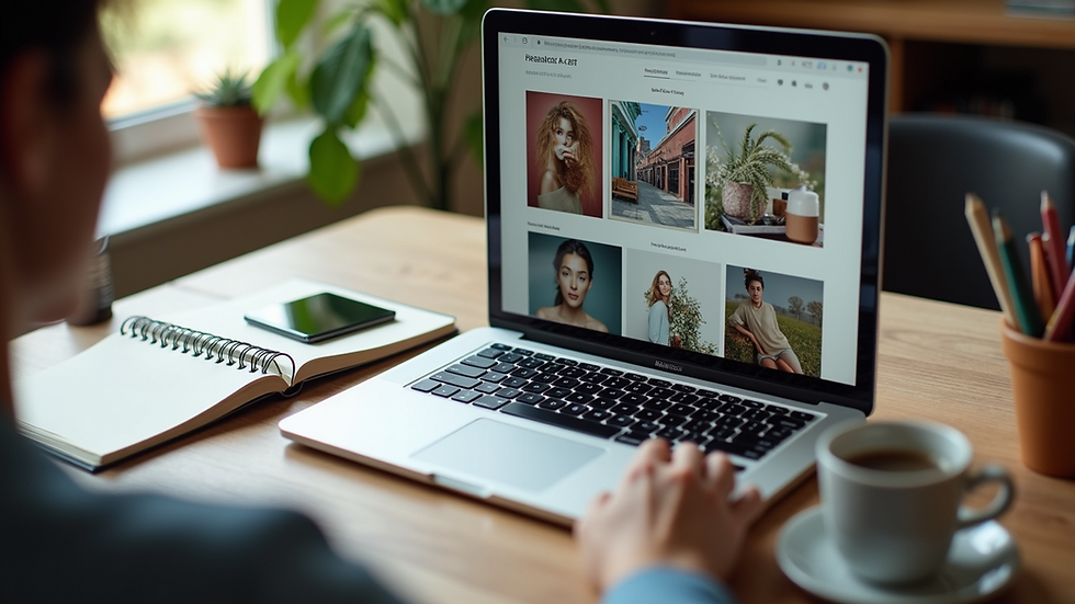 High angle view of a laptop displaying an online art marketplace