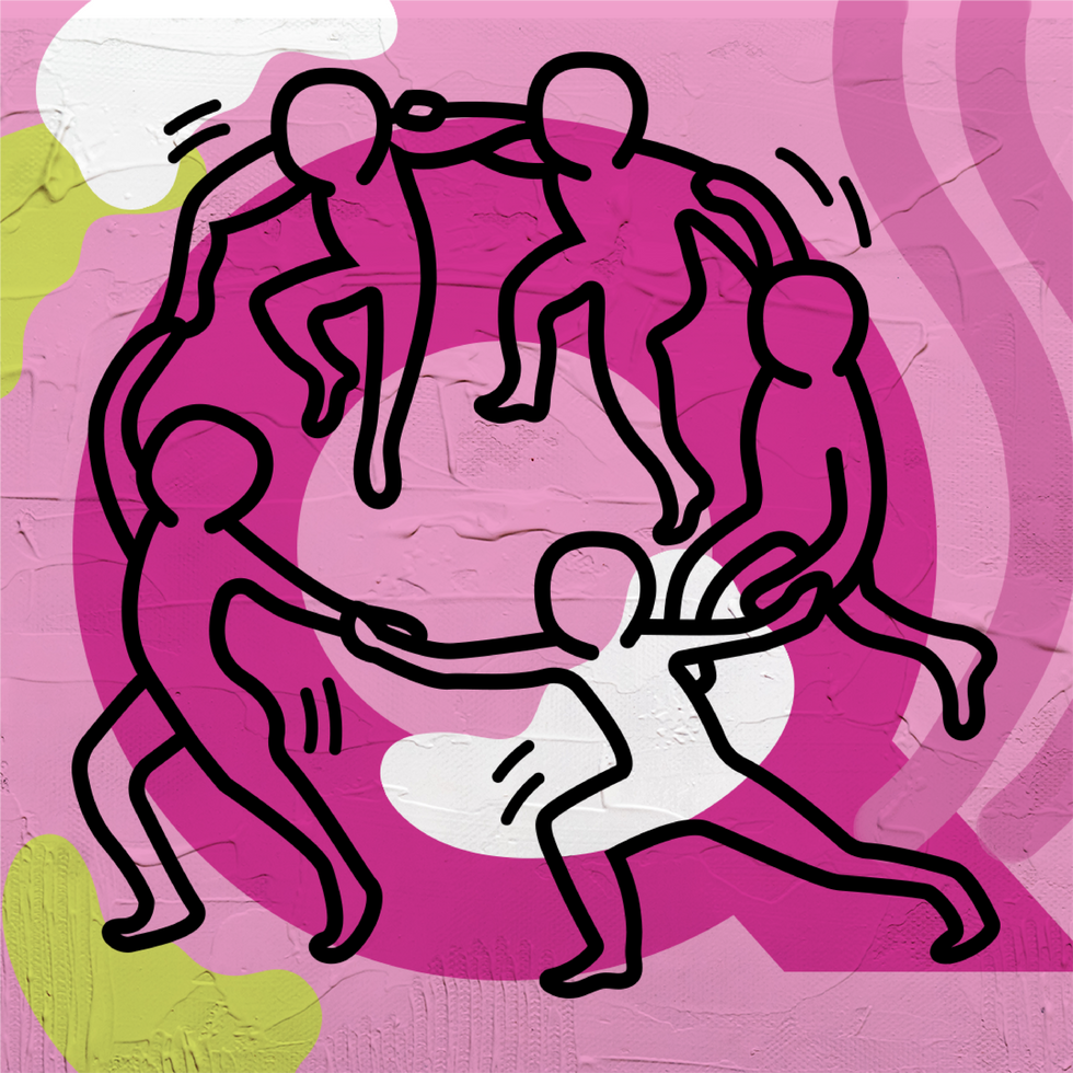 Henri Matisse inspired illustration of people dancing around the letter "Q"