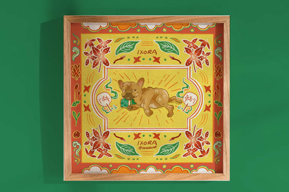 Peranakan Tile Inspired print of a french bulldog and Ixora flowers.