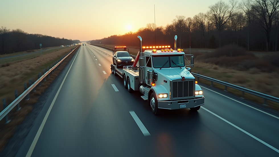 High angle view of a tow truck driving on a highway with a car in tow
