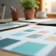 Workspace showing various branding materials and design tools