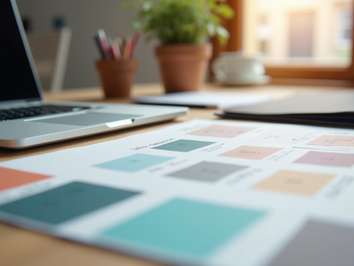 Workspace showing various branding materials and design tools