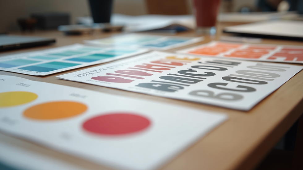 Close-up view of a designer’s workspace with colour swatches and typography samples