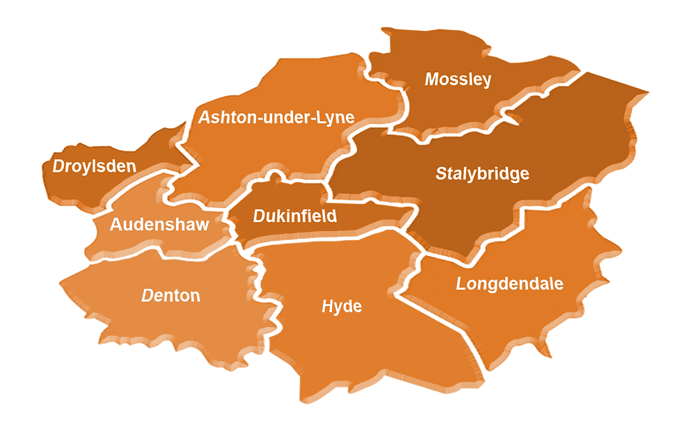 Map of Tameside in various shades of orange, labeled with areas: Droylsden, Audenshaw, Ashton-under-Lyne, Mossley, etc.