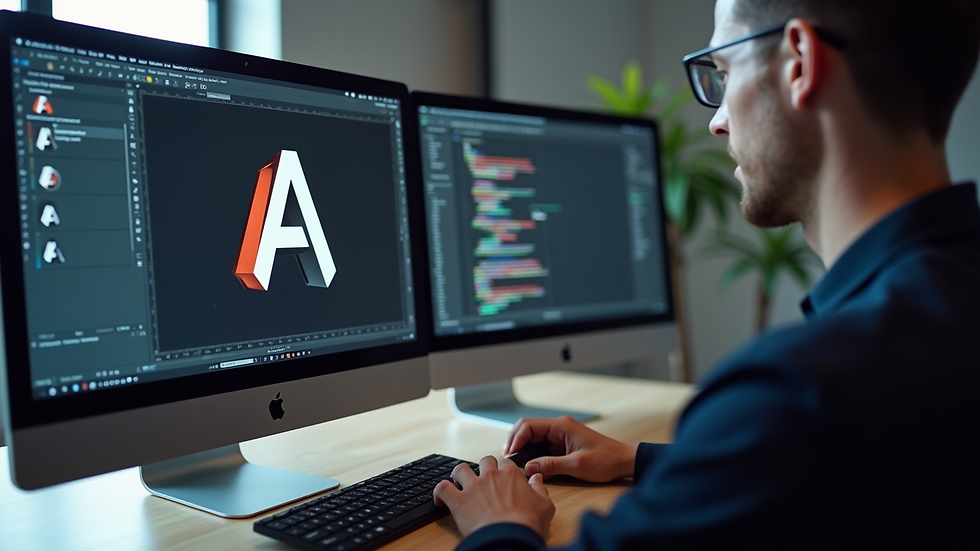 Eye-level view of a designer working on a digital logo on a computer screen