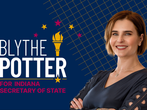 Blythe Potter smiling with arms crossed beside campaign logo that reads “Blythe Potter for Indiana Secretary of State” with a golden torch and star design on a dark blue background.